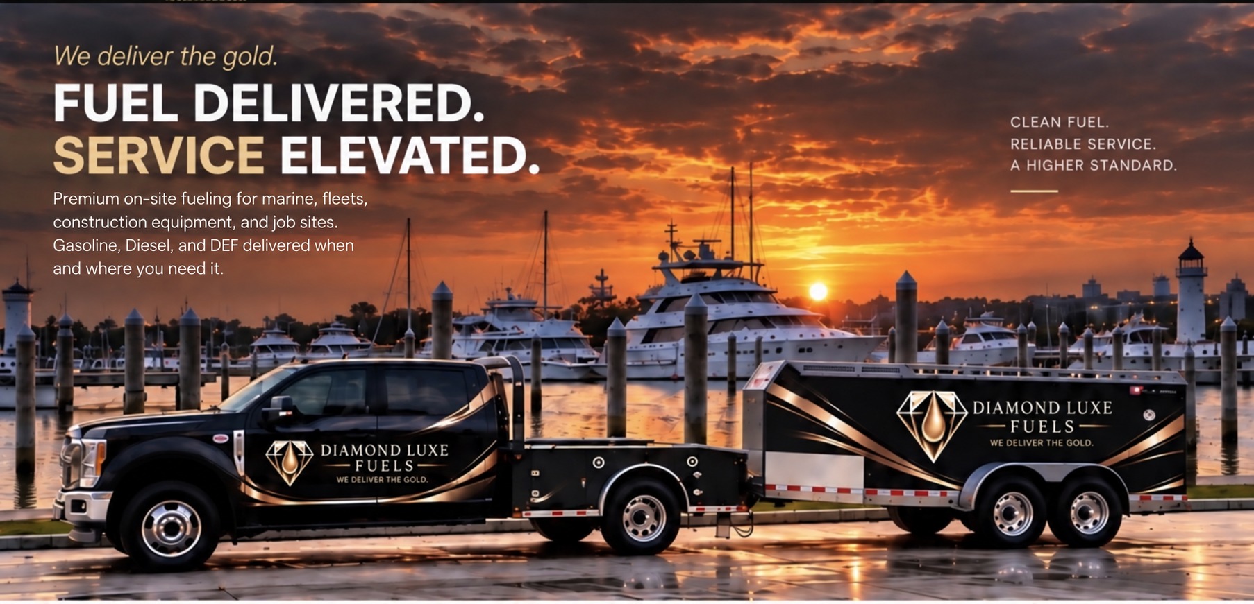 Premium on-site fueling for marine, fleets, construction equipment, and job sites. Gasoline, Diesel, and DEF delivered when and where you need it. Diamond Luxe Fuels truck and trailer at sunset.