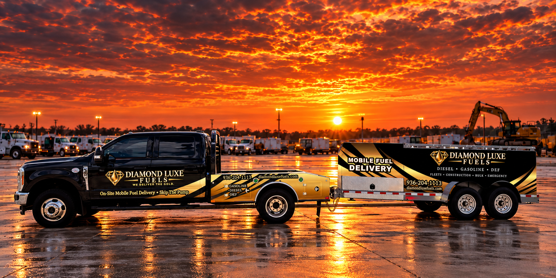 Diamond Luxe black truck and fuel trailer in a commercial fleet yard at sunset